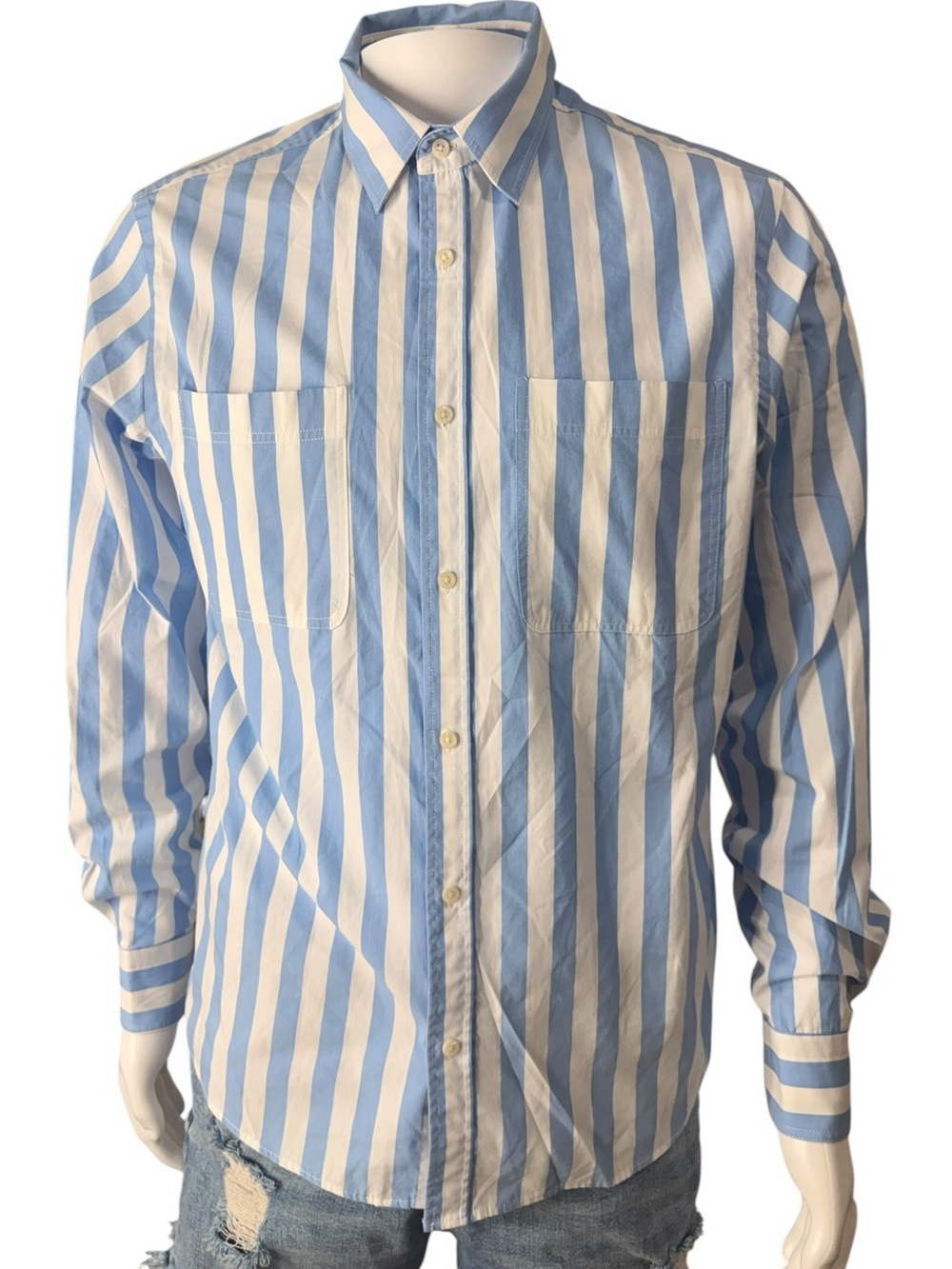 Zara Men’s Blue and White Vertical Stripe Button-Down Shirt
